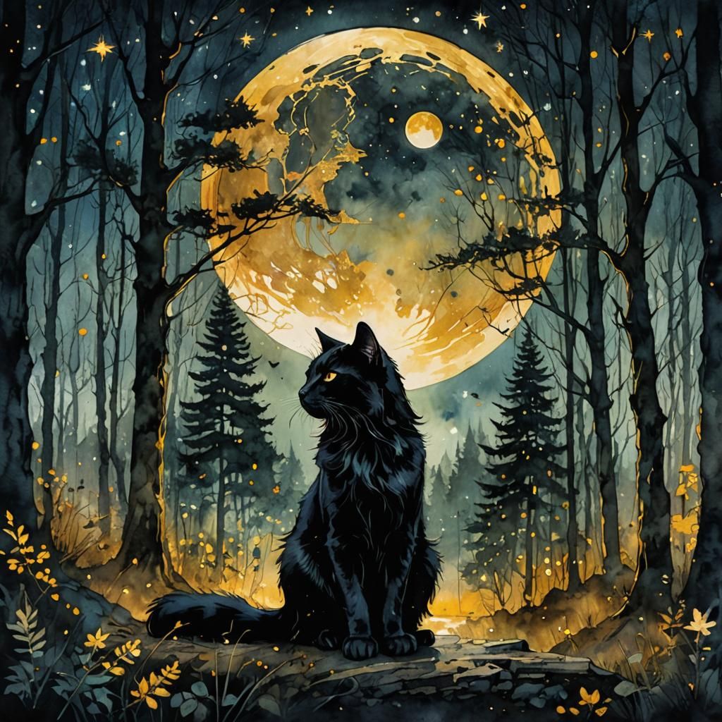 Enchanted Forest Cat Under Golden Moon, Watercolor Art