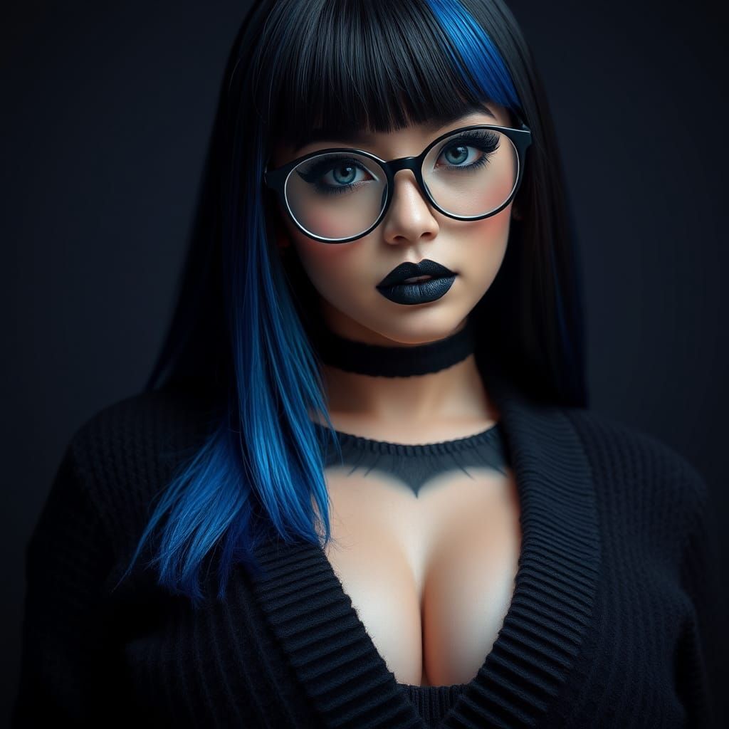 Goth Woman Portrait with Blue Highlights, Hyperrealistic Pho...