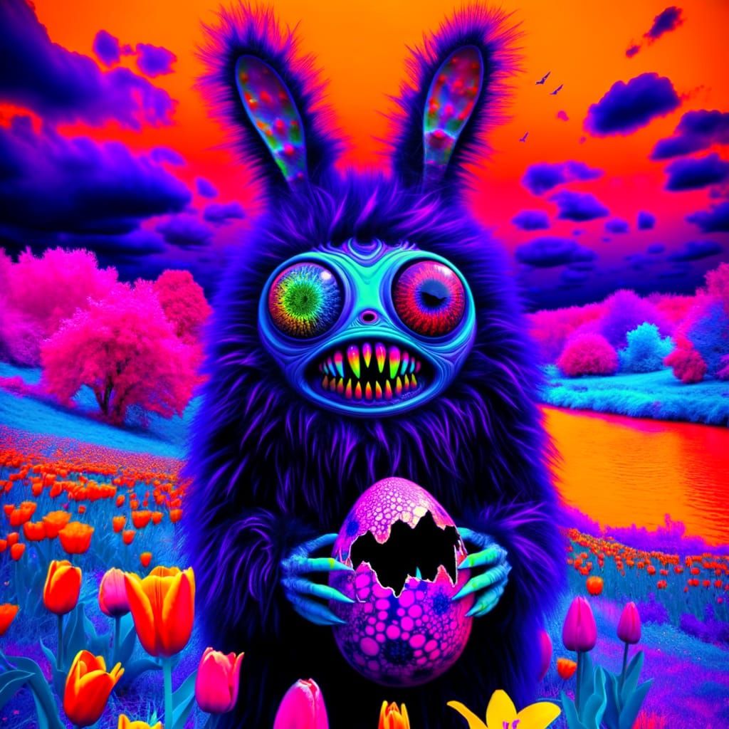 Alien Bunny Emerges from Dragon Egg in Surreal Landscape