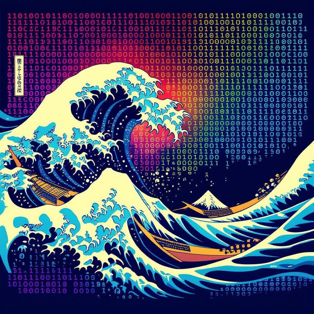 Digital Great Wave Off Kanagawa in Binary Code