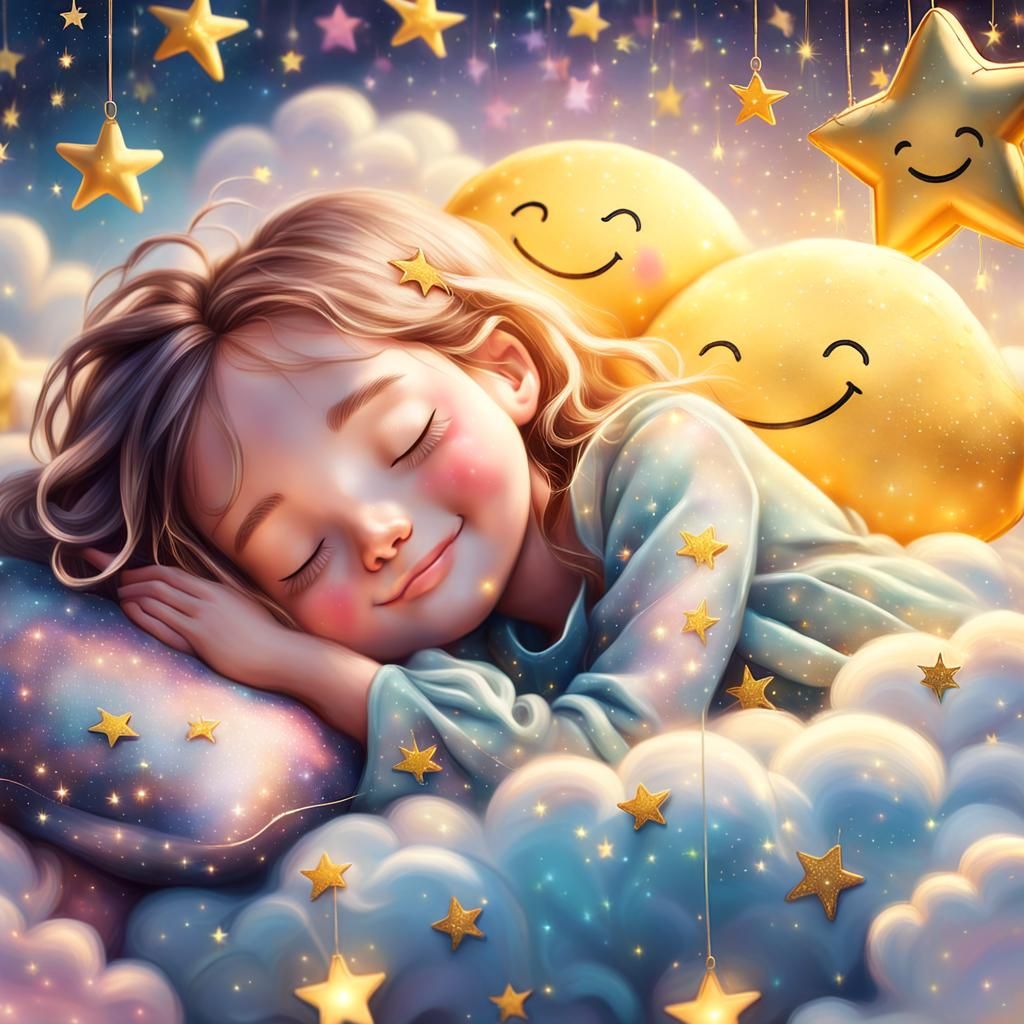 Dreamy Portrait: Girl Sleeping on Cloud with Stars