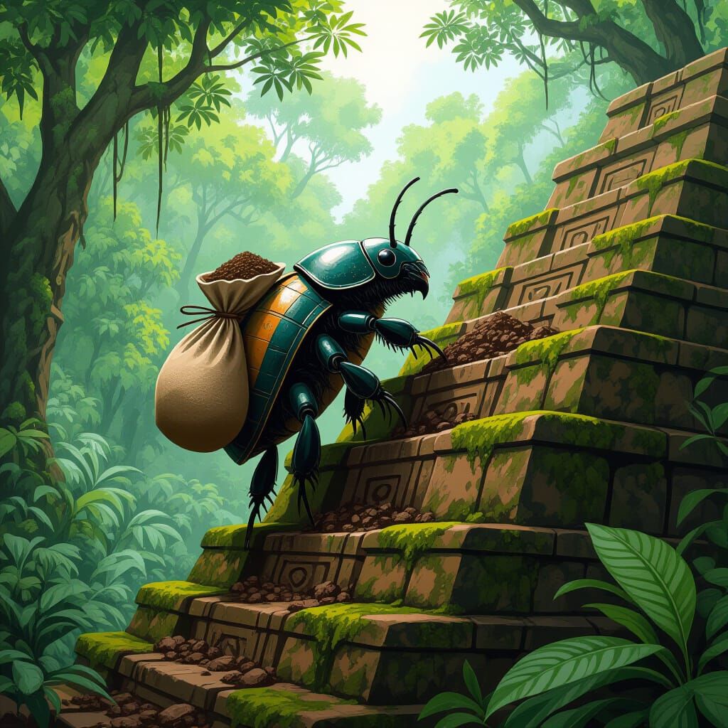 Dung Beetle Climbs Pyramid in Lush Forest