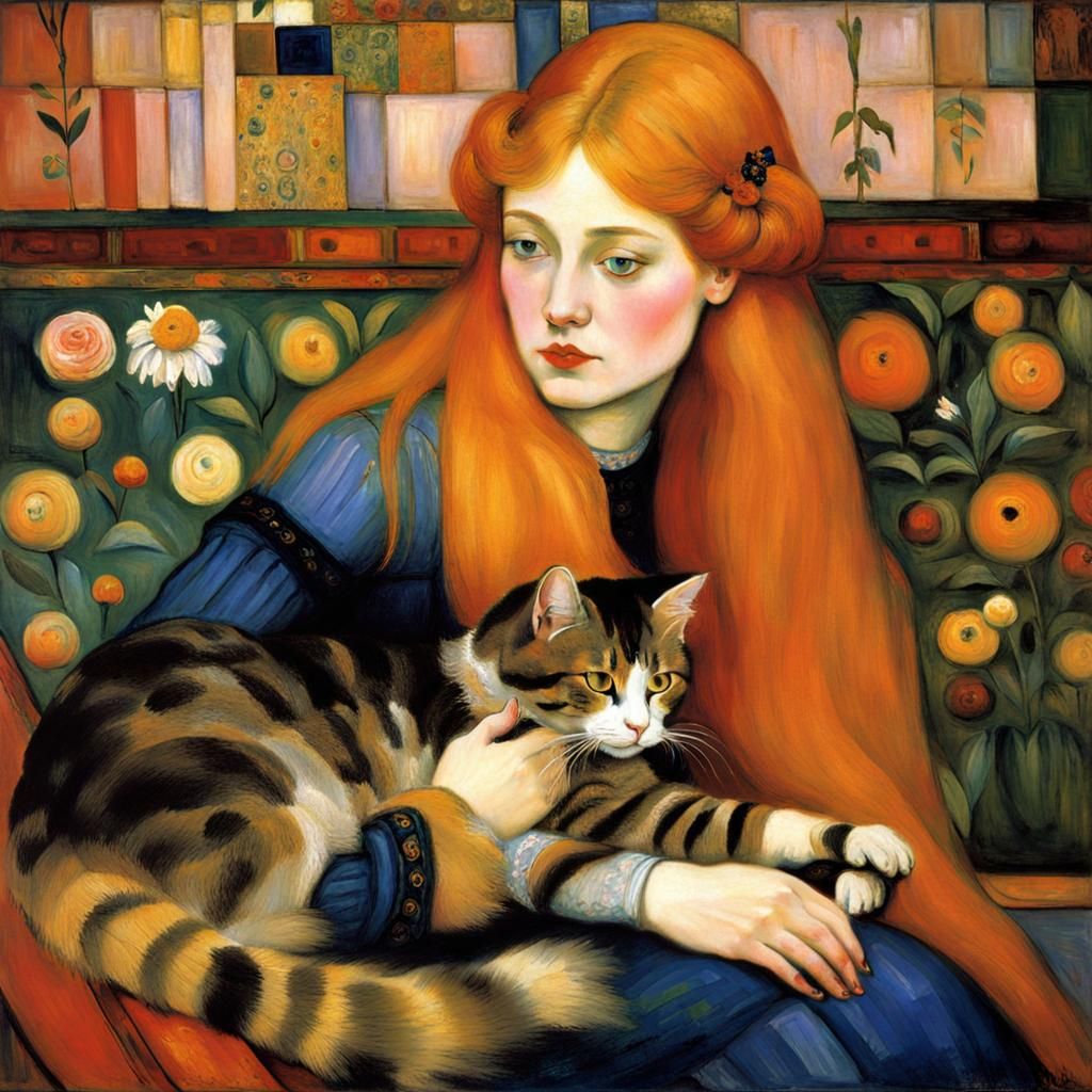 Woman Petting Cat in Blended Artistic Styles