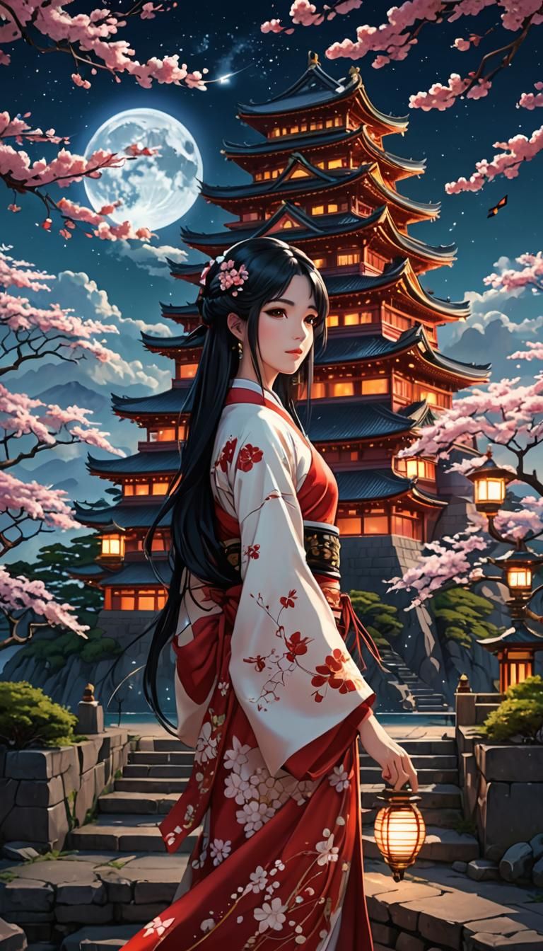 Anime Princess Near Futuristic Japanese Castle