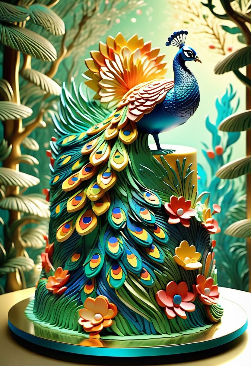 Exotic Peacock Cake with Flora and Fauna