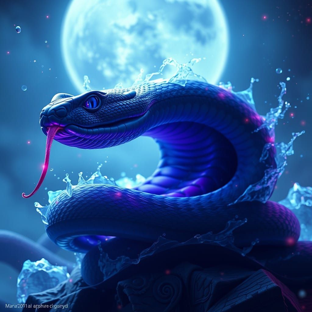 Ethereal Sapphire Cobra Under a Celestial Oasis