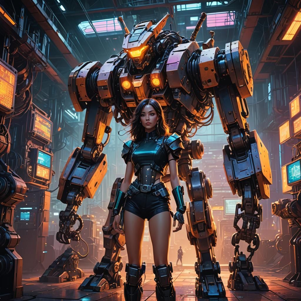 Fantasy Art: Girl and Robot in Mechanical Factory