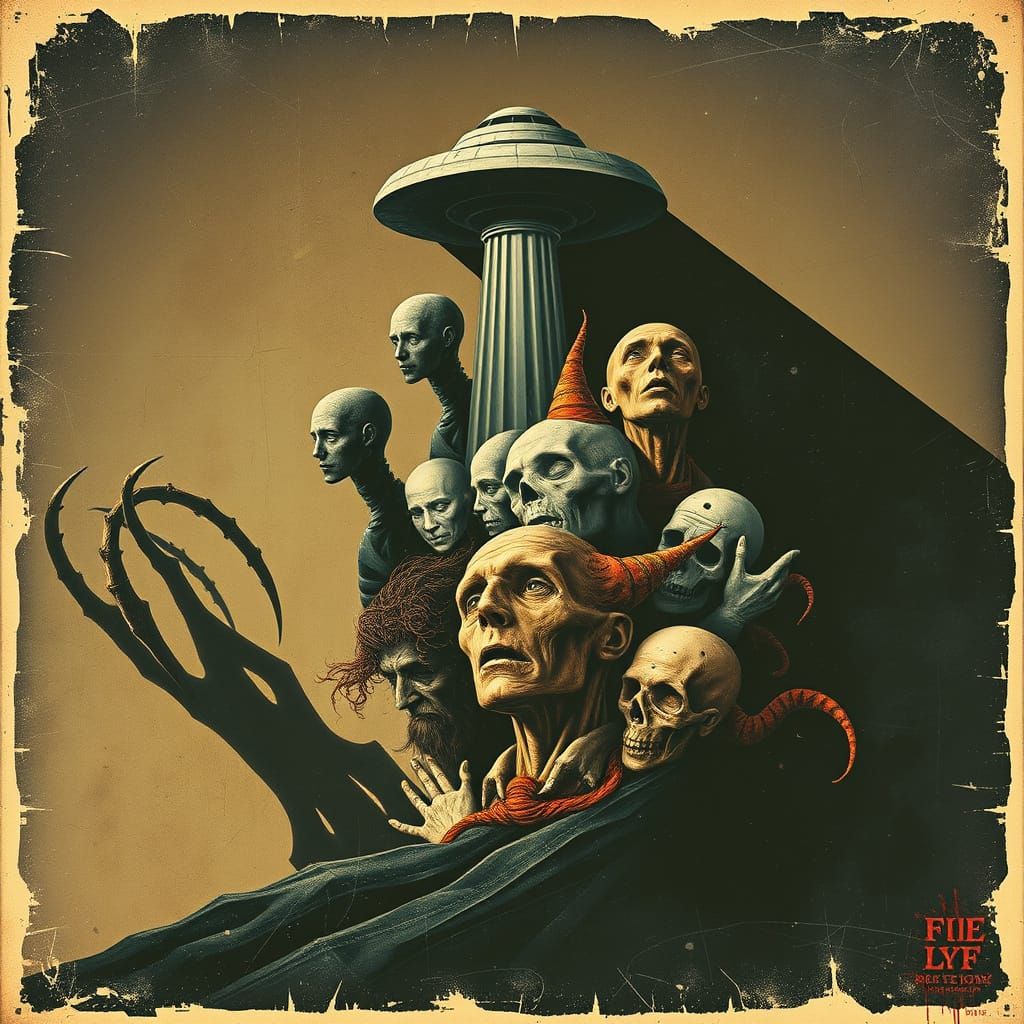 Surreal Vintage Poster of Unease in Biomechanical Style