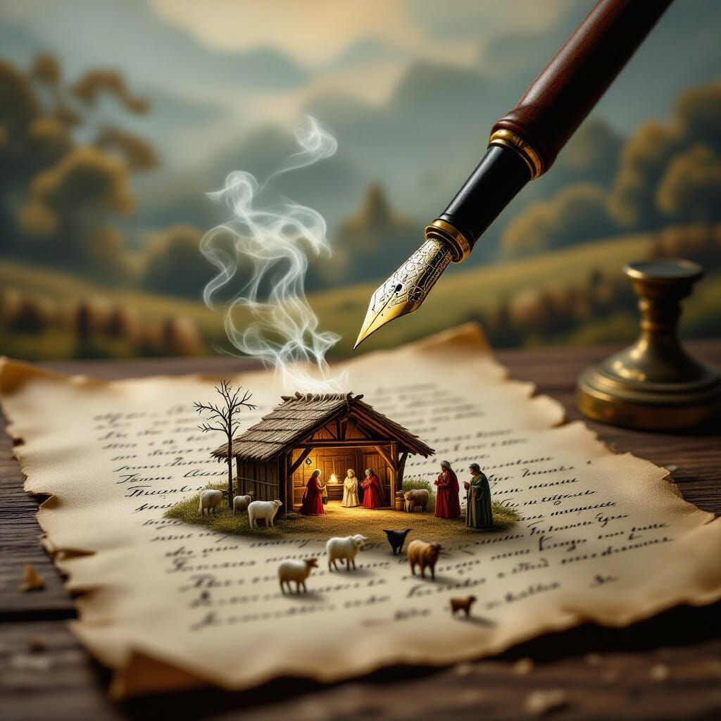 Surreal Nativity Scene Emerges from Antique Parchment