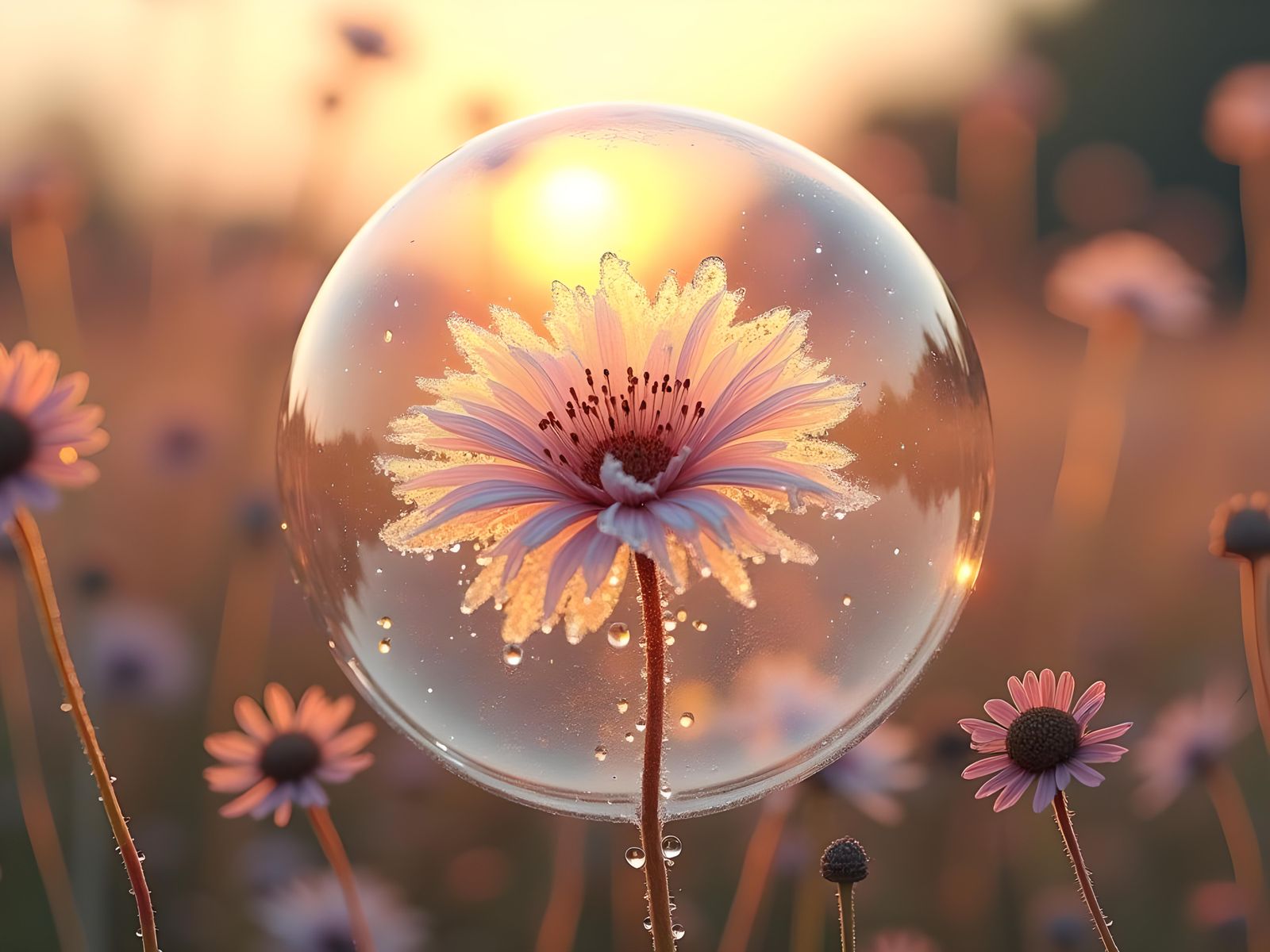 Frozen Flower in Bubble at Sunset