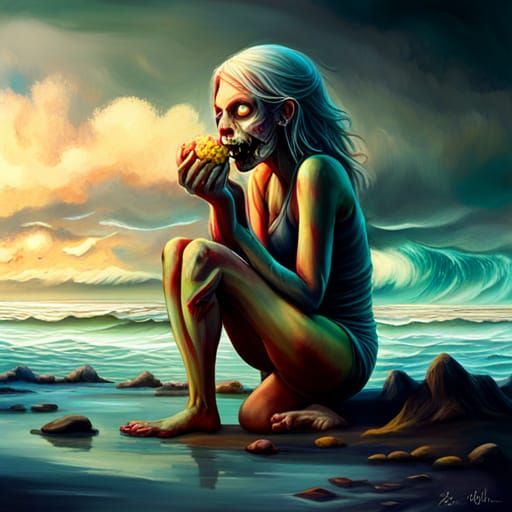 Zombie Girl Eating Brains: Graffiti Street Art