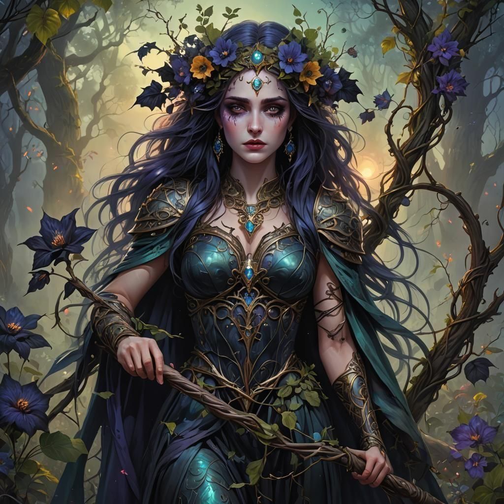 Mystical Enchantress with Staff of Vines and Flowers