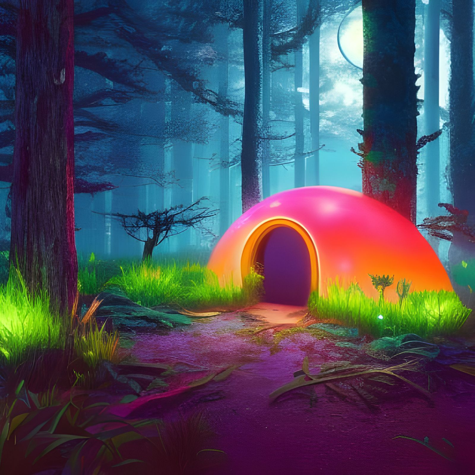 Cyberpunk Mushroom Hut Under Starry Sky