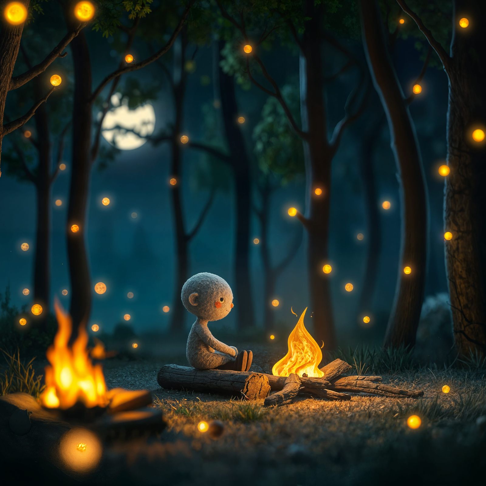 Felt Character by Firelight in 3D Cartoon Style