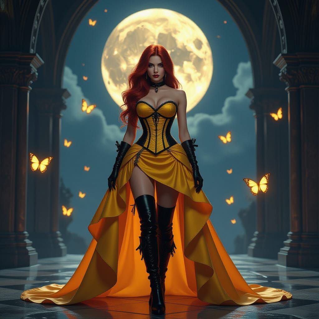 Fiery Redhead in Gothic Hall, Digital Art