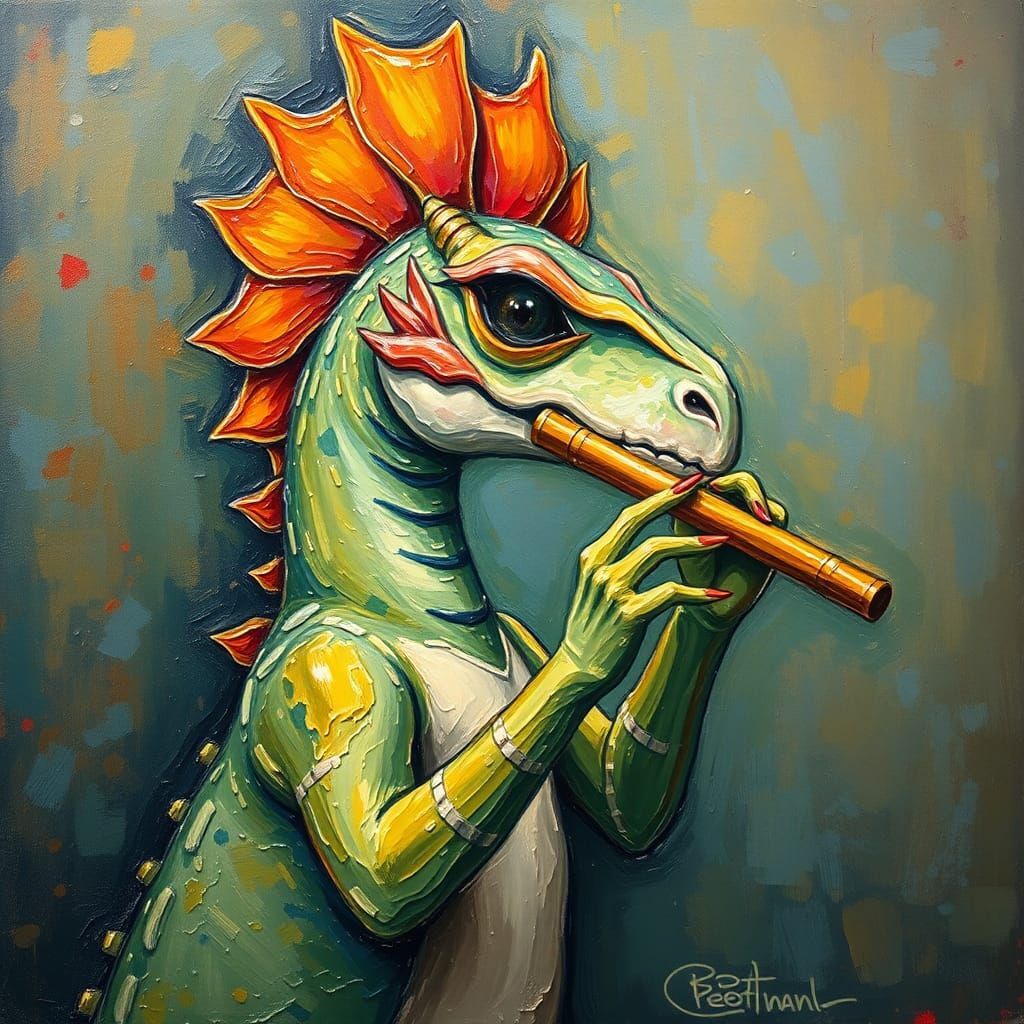 female centaurus creature plays  flute