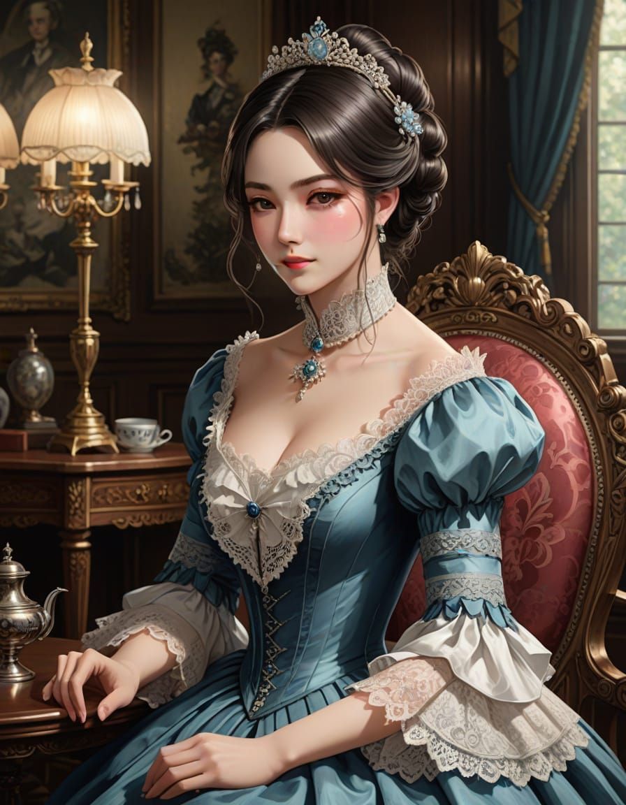 Anime-Style Victorian Woman in Elegant Parlor