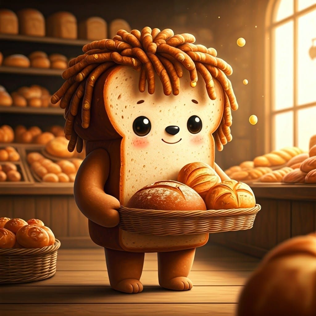 Anthropomorphic Bread with Dreadlocks in Bustling Bakery