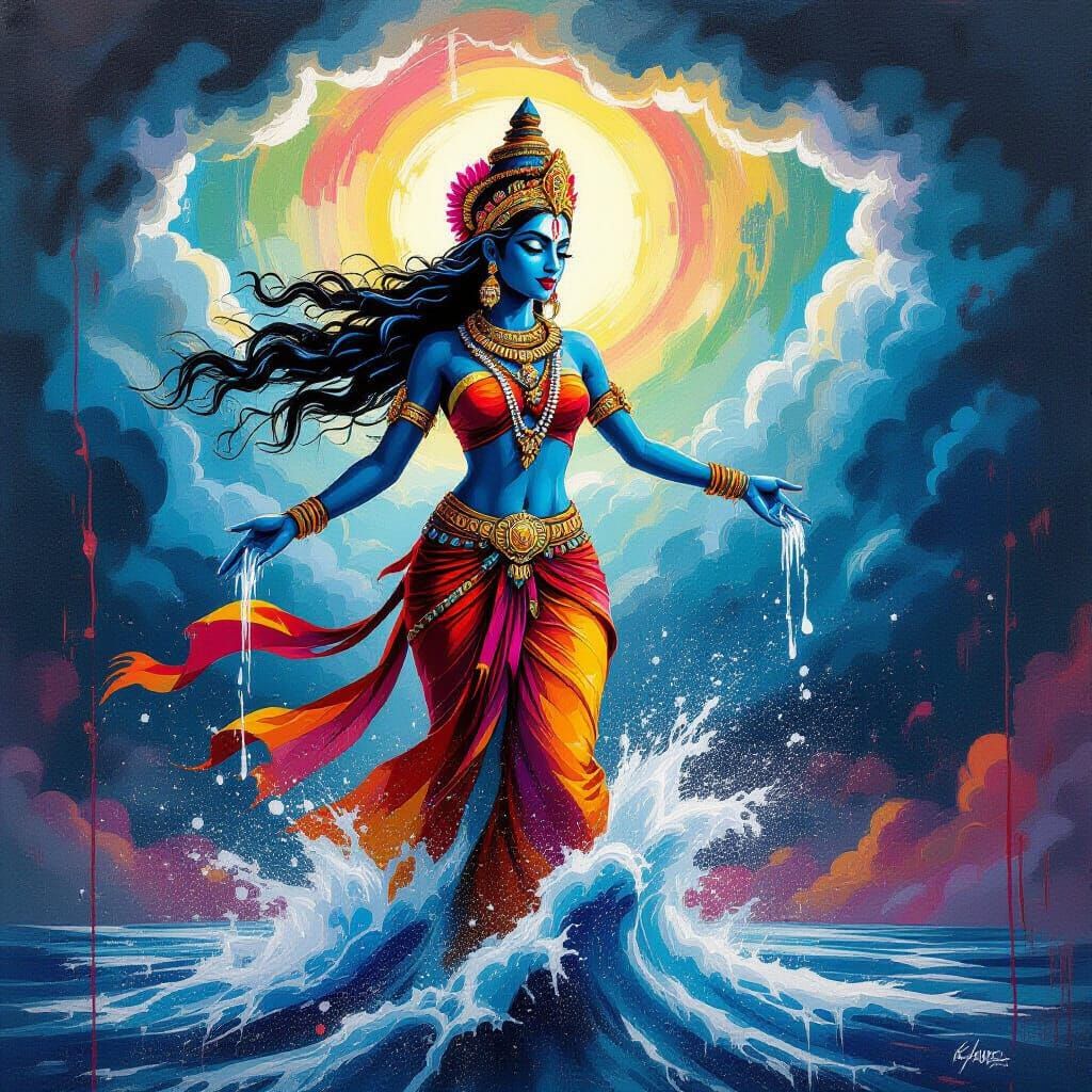 Goddess of Rain Emerges from Storm in Graffiti Art Style