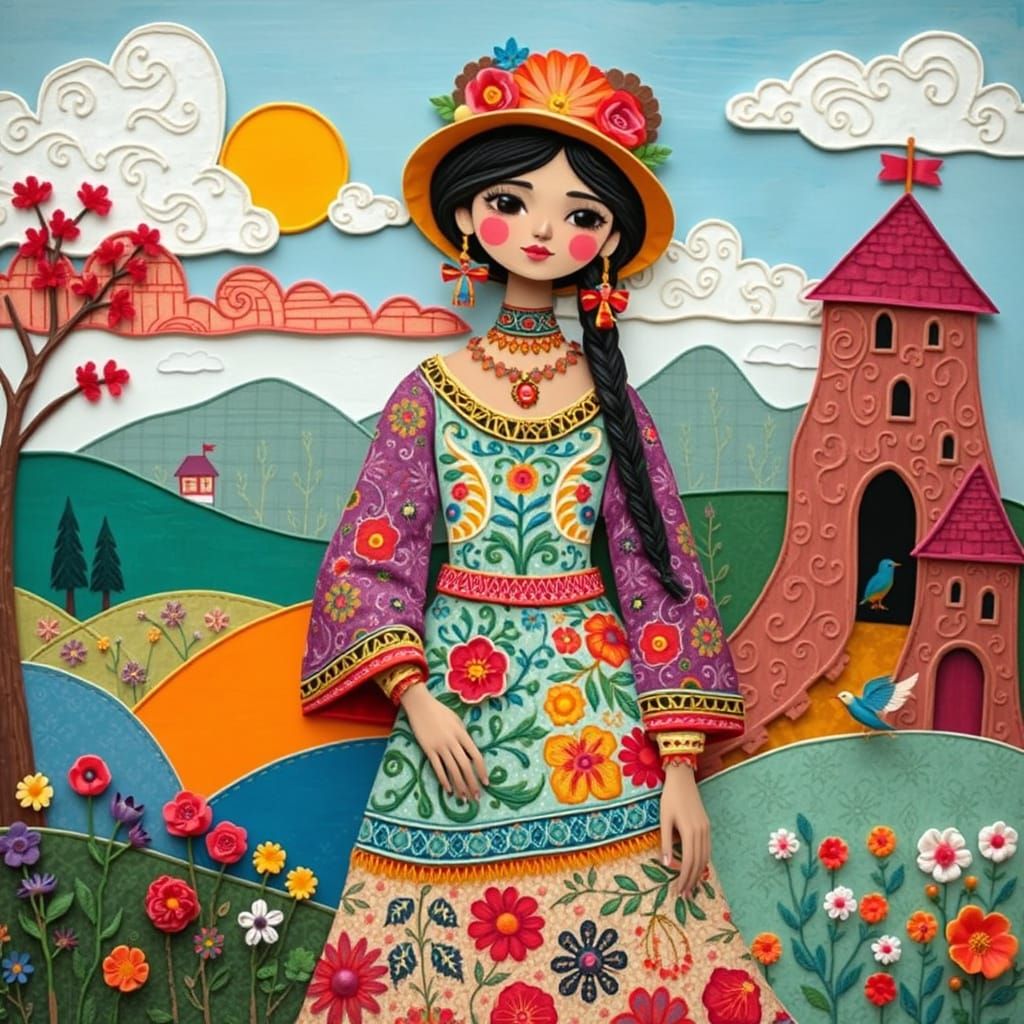 Folk Heroine in Whimsical Landscape, Neo-Expressionist Style