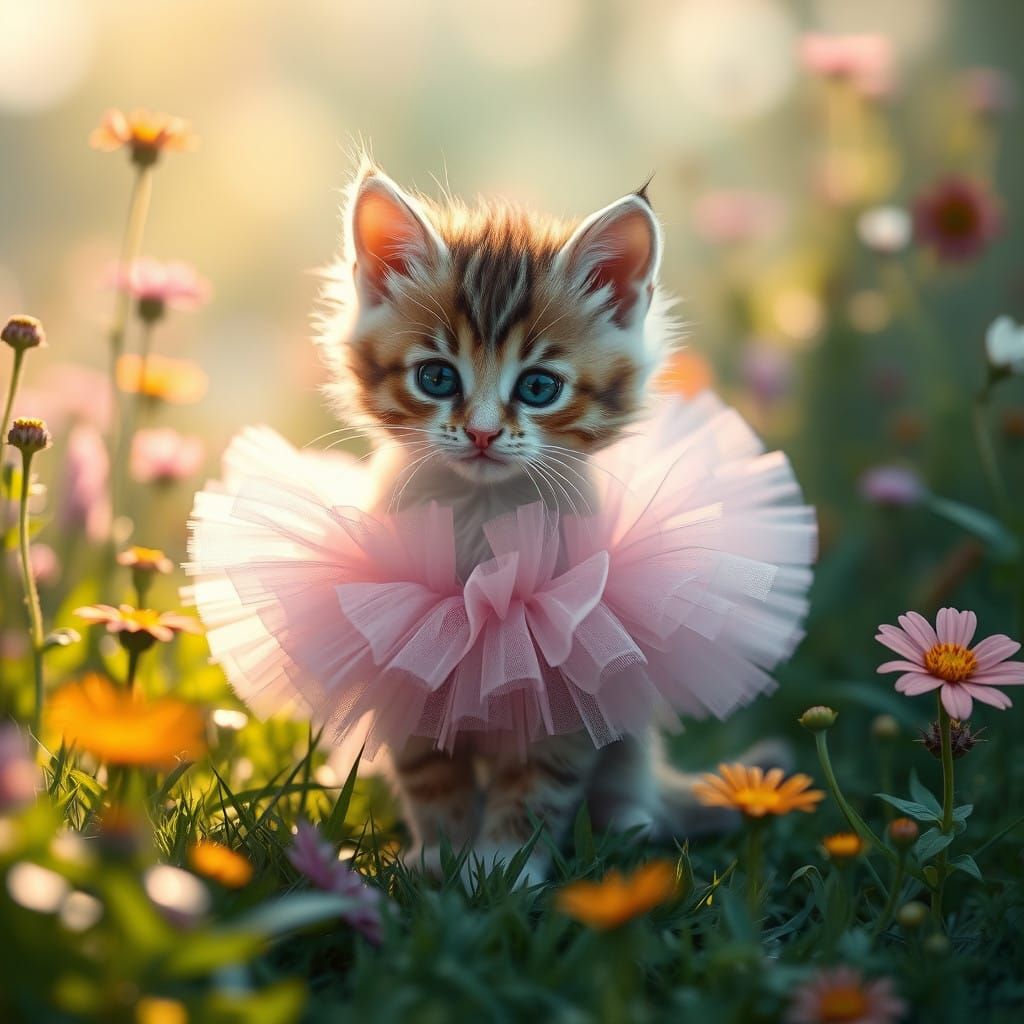 Delicate Ballerina Kitten in Whimsical Fantasy Scene