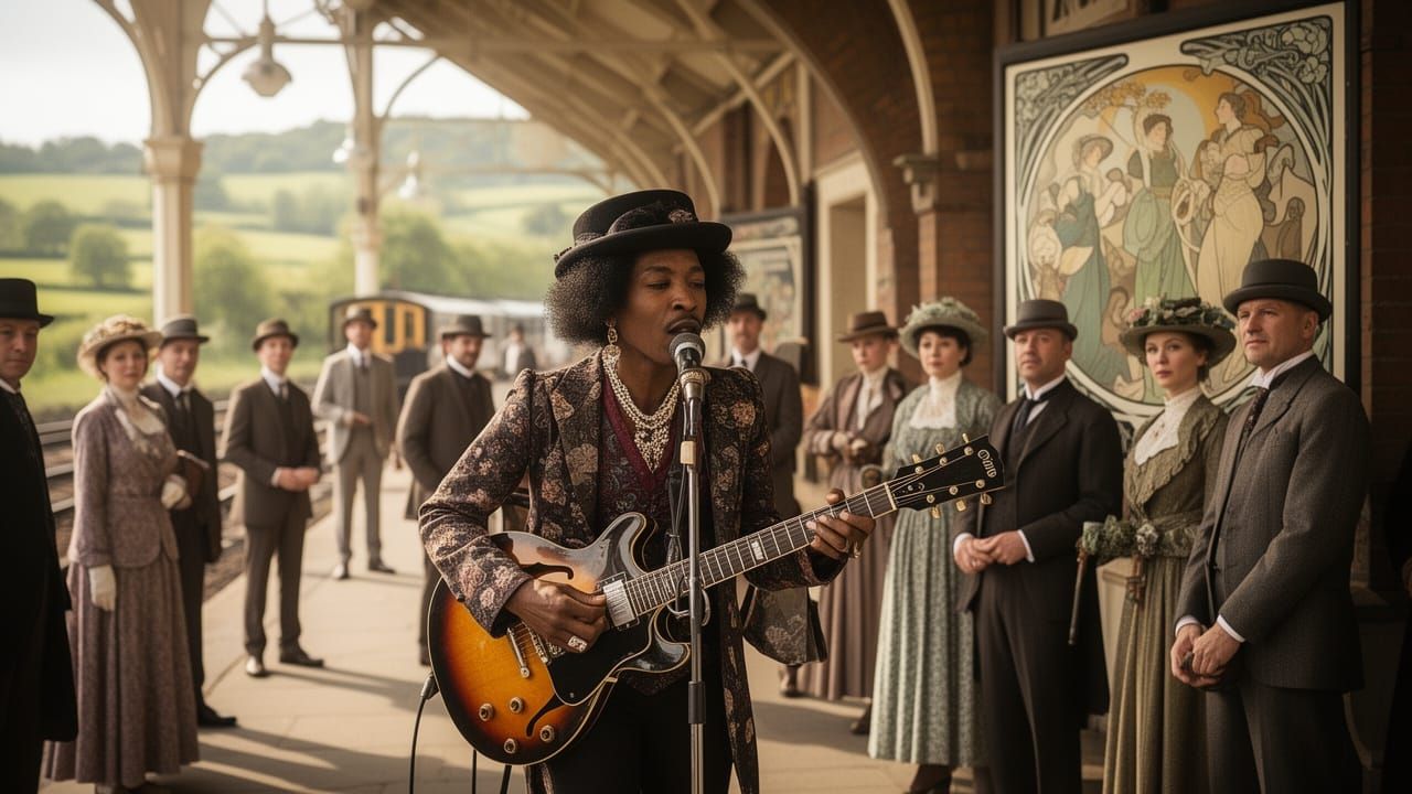 Jimi Hendrix Busking in Edwardian Station, Art Nouveau Style