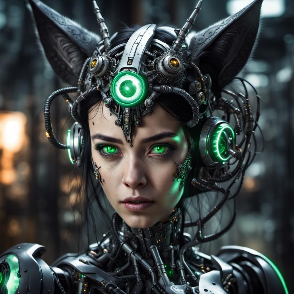 Cyborg Witch with Robotic Cat Companion