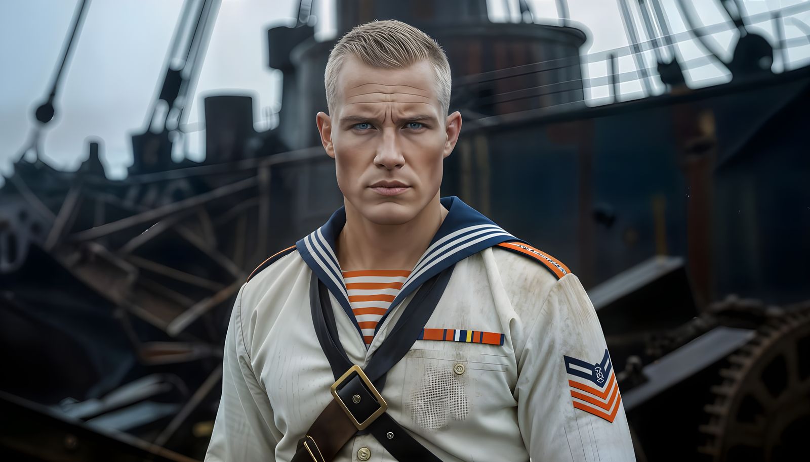 WWI Steampunk Sailor Amidst Warship Wreckage
