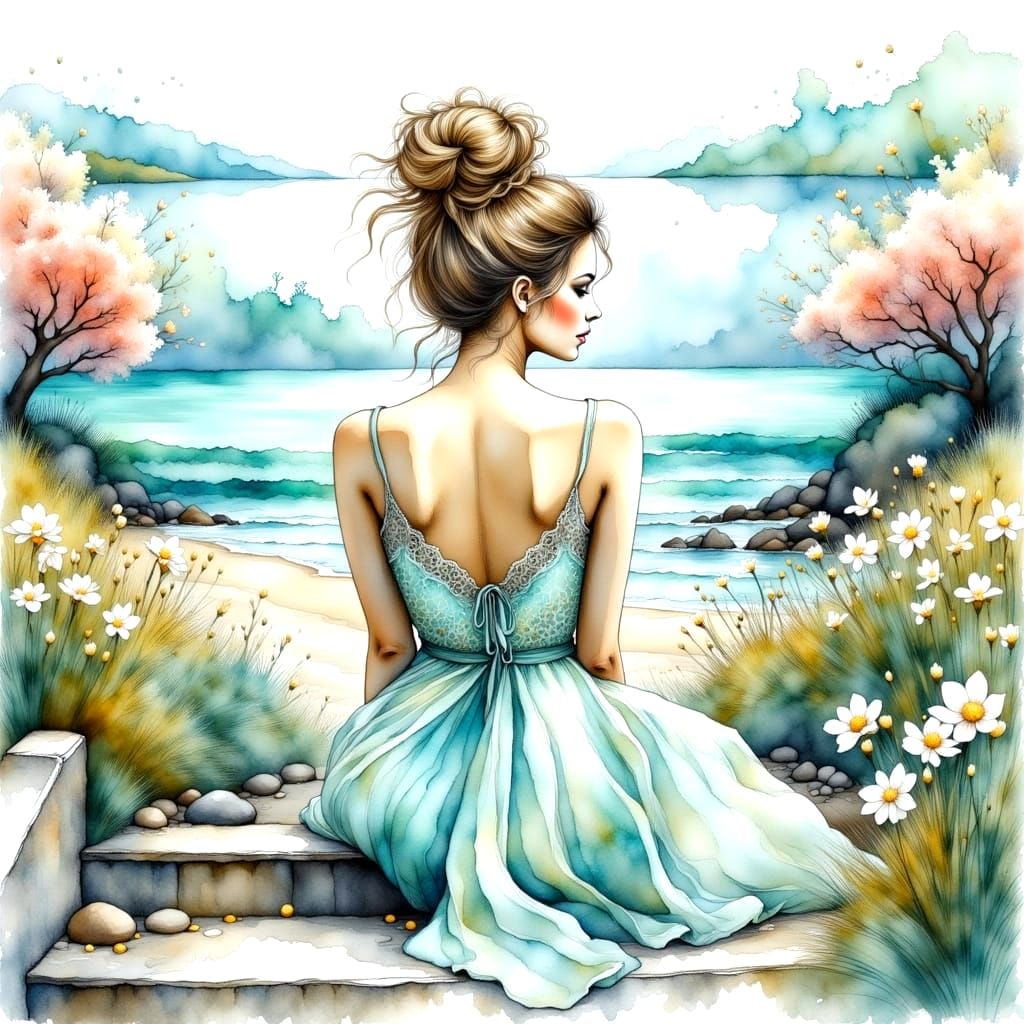 Surreal Watercolour Ink Drawing of a Serene Beach Scene