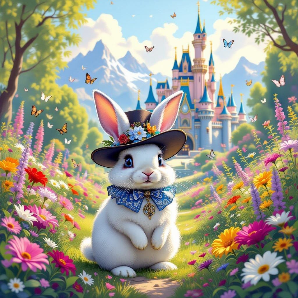Whimsical Rabbit in Floral Garden Before Pink Castle