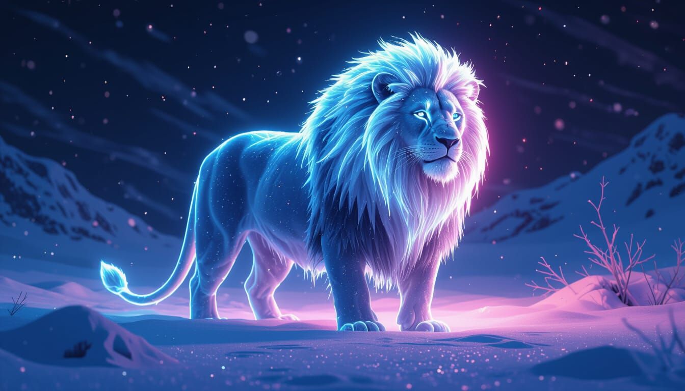 Neon Lion in Snowy Cyberpunk Landscape
