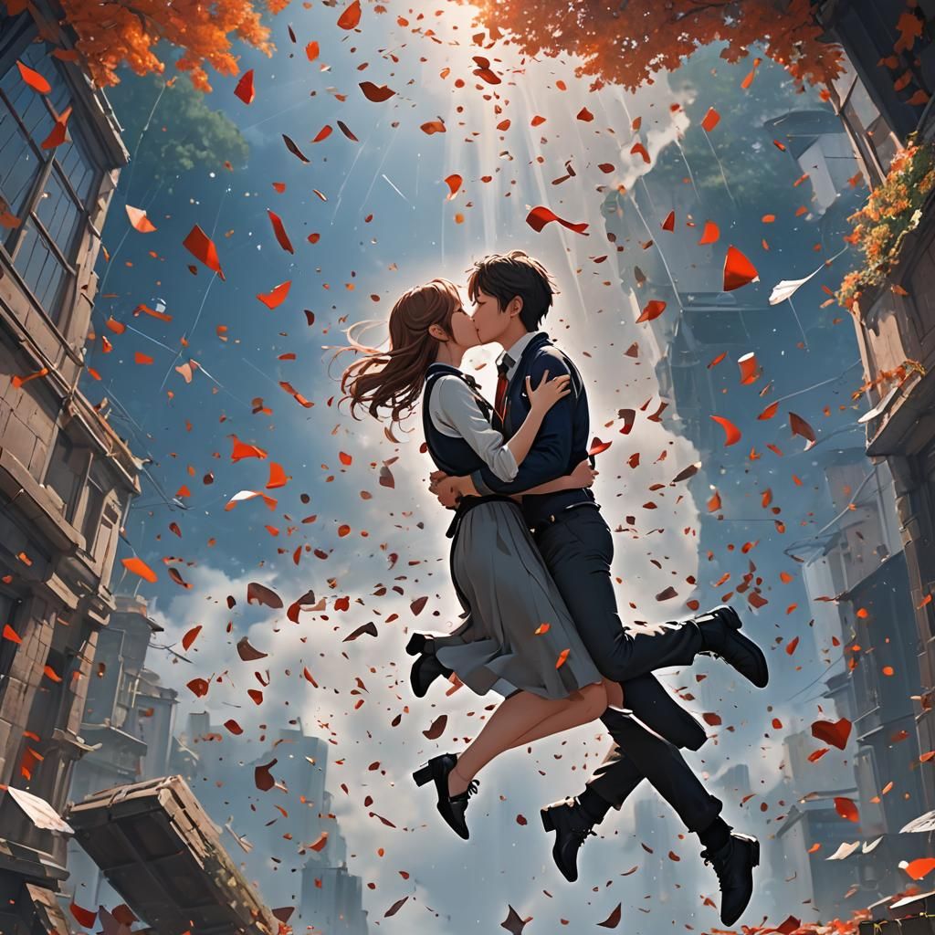 Passionate Kiss in Freefall: Detailed 3D Anime Art