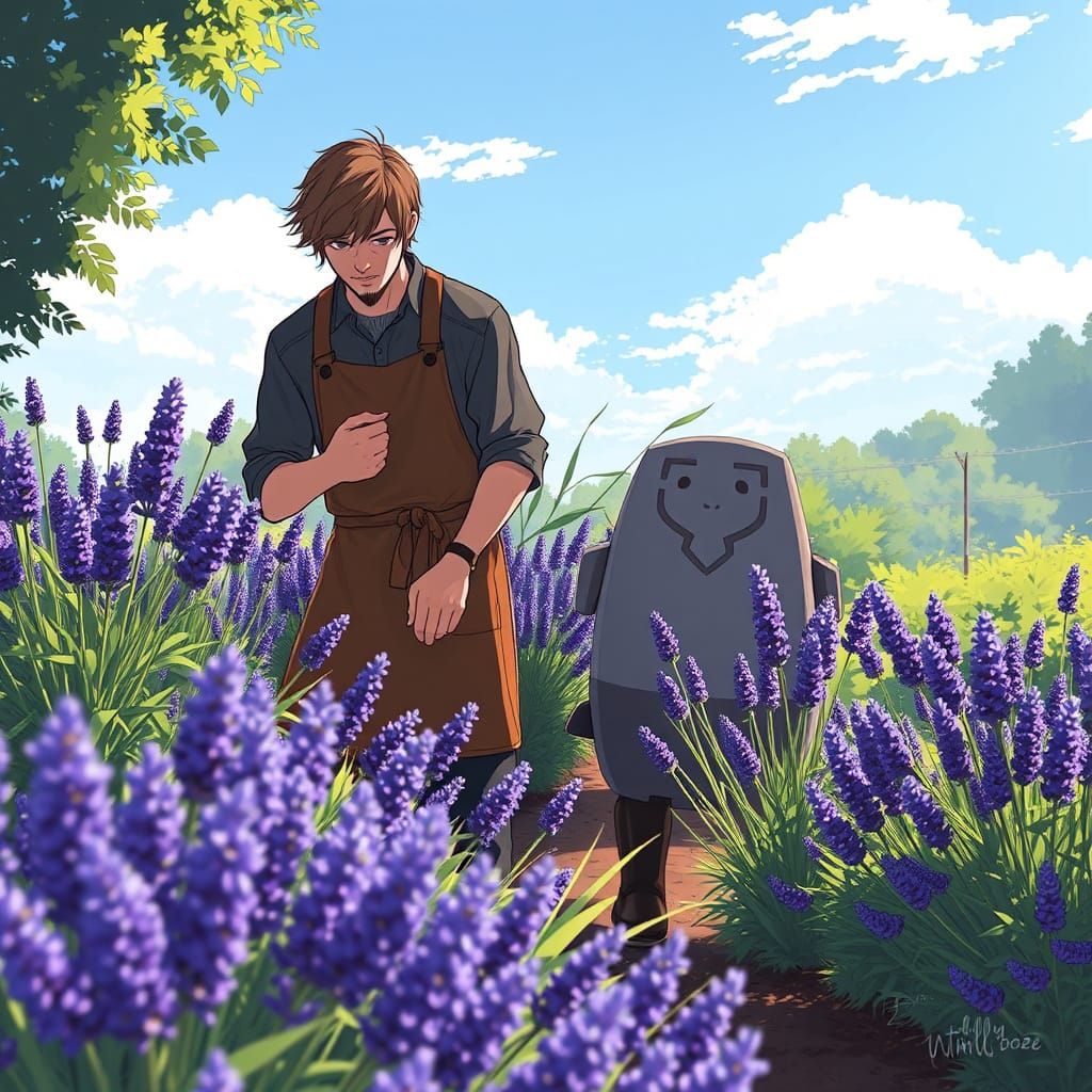 Manga Art: Two Men Gardening in Anime Style