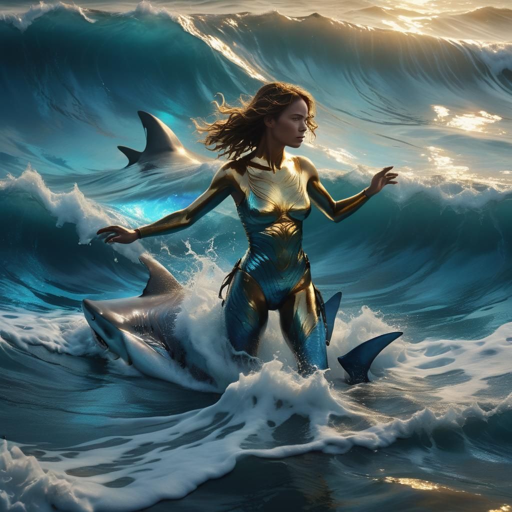 Metal Woman Emerges from Ocean with Shark