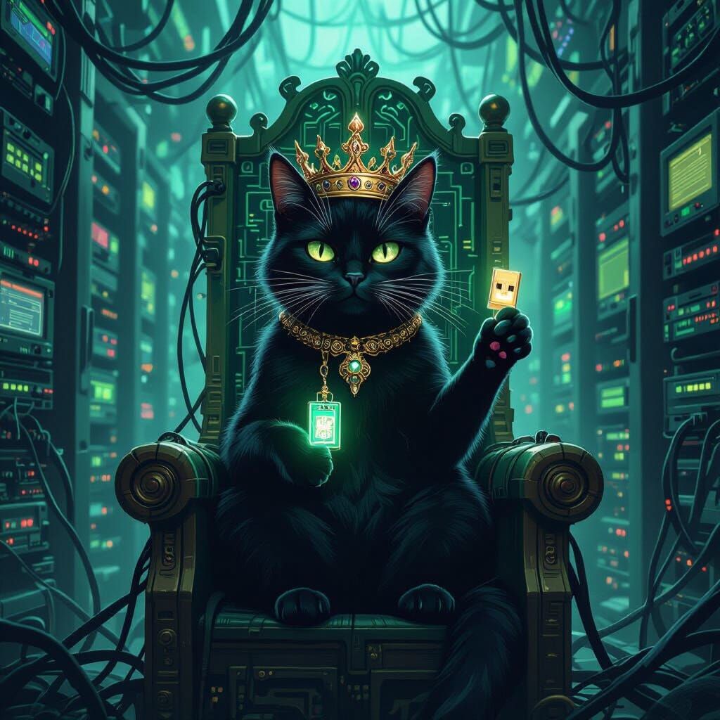 Crowned Cat on Circuit Throne in Art Nouveau Style