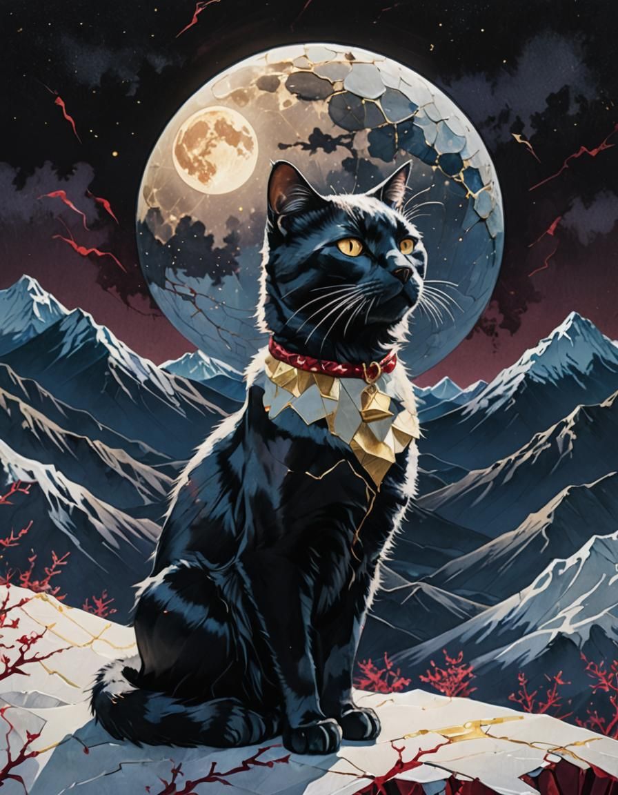 Kintsugi Cat on Crimson Mountain: A Mystical Scene