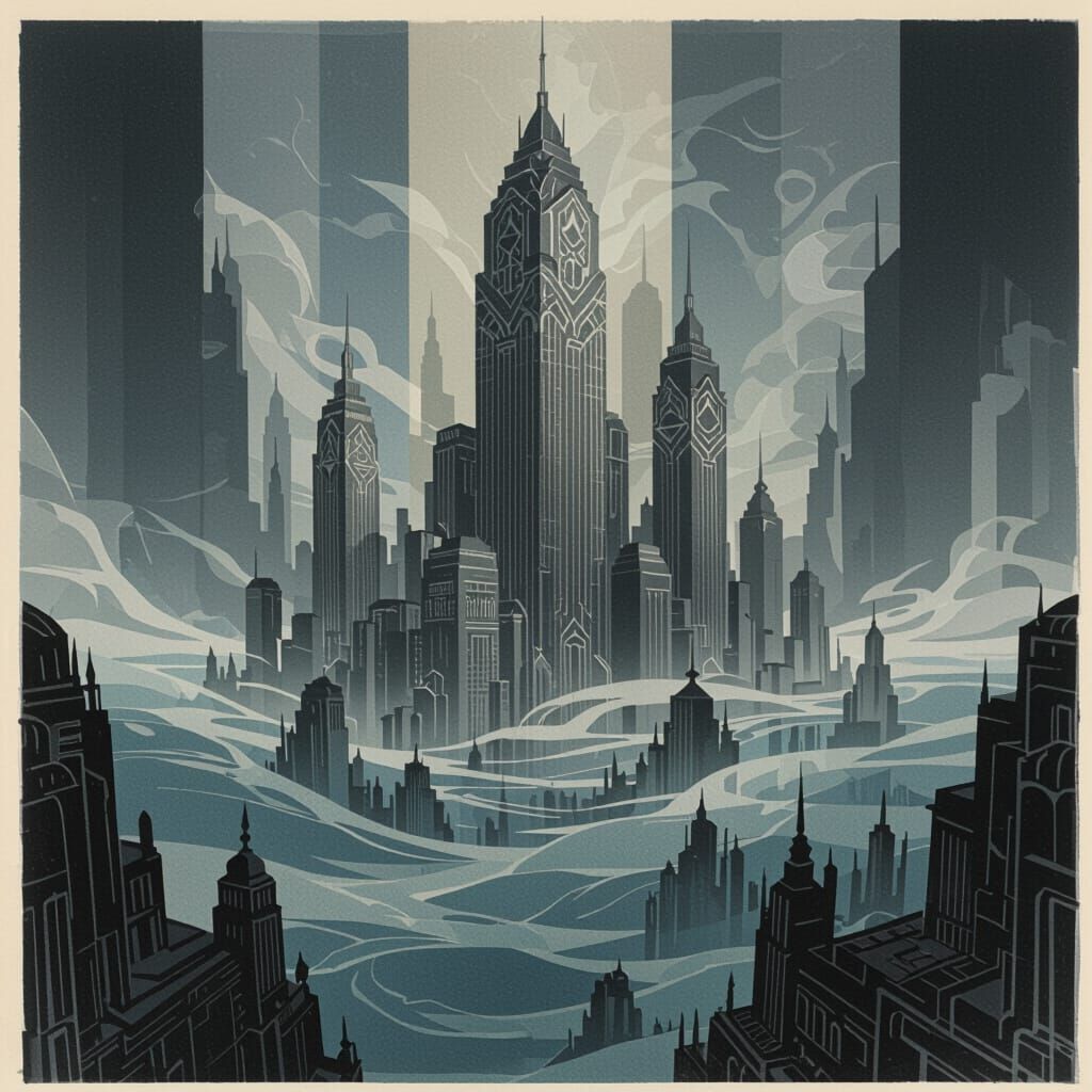 Art Deco Cityscape Lost in Time and Mist