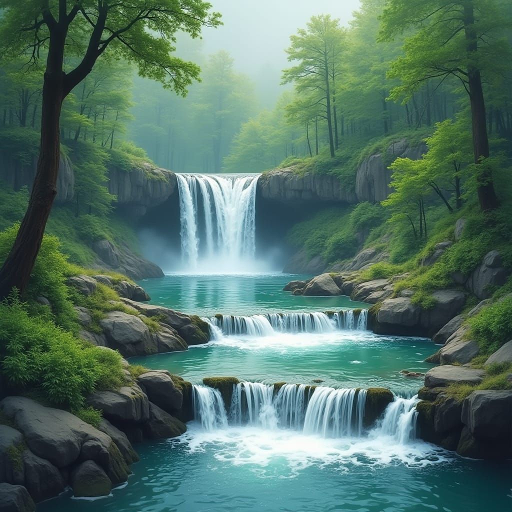 Cascading Waterfalls in Japanese Ukiyo-e Style