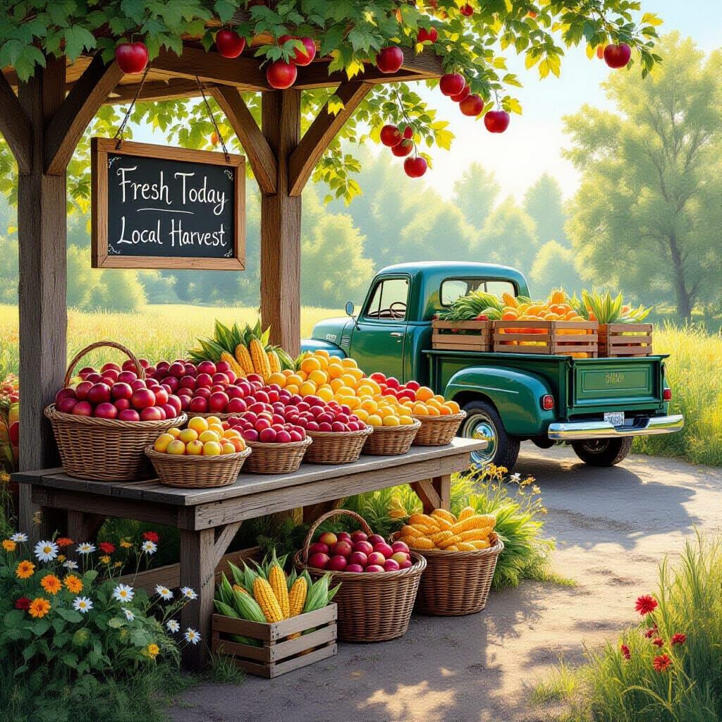 Charming Countryside Stand with Fresh Harvest