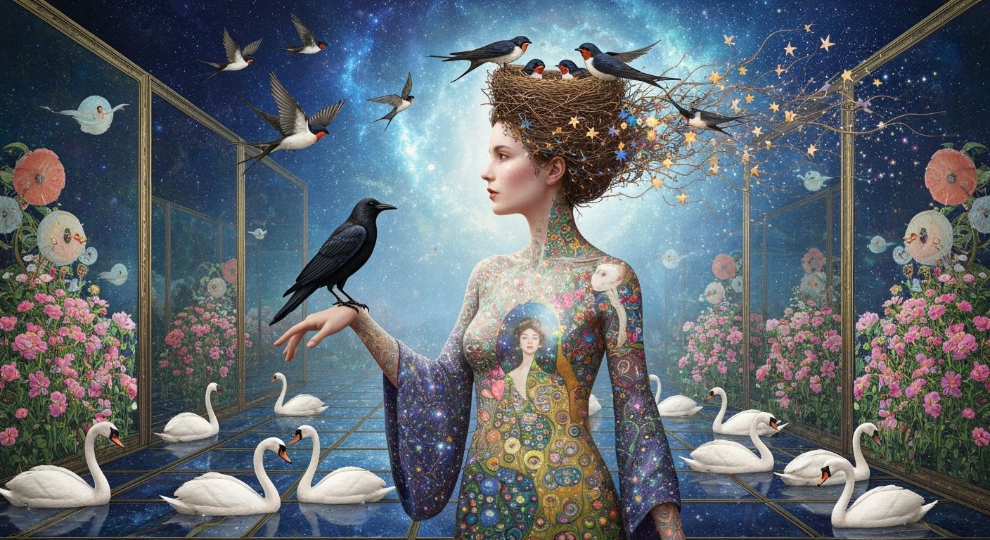 Ethereal Woman Transforms into Birds Amidst Cosmic Energy