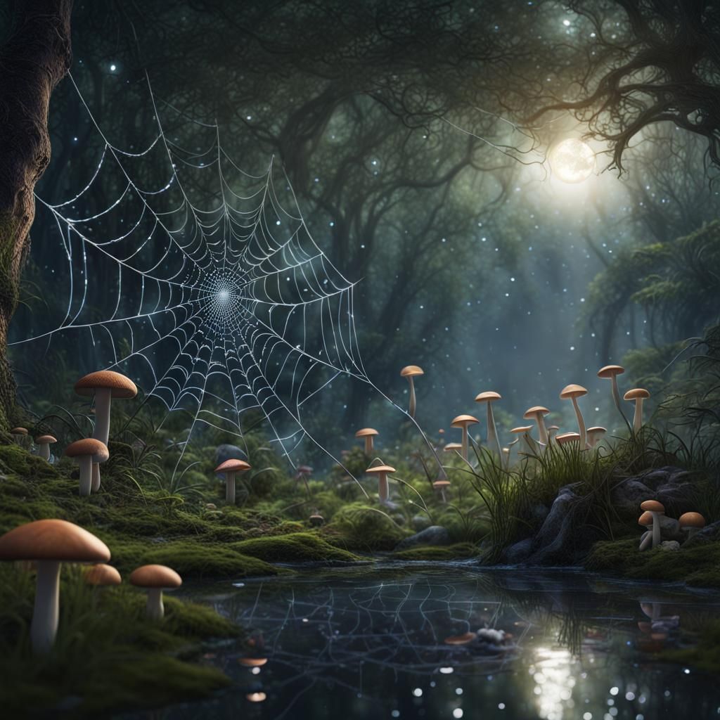 Moonlit Spiderweb in Hyperdetailed Forest Glade