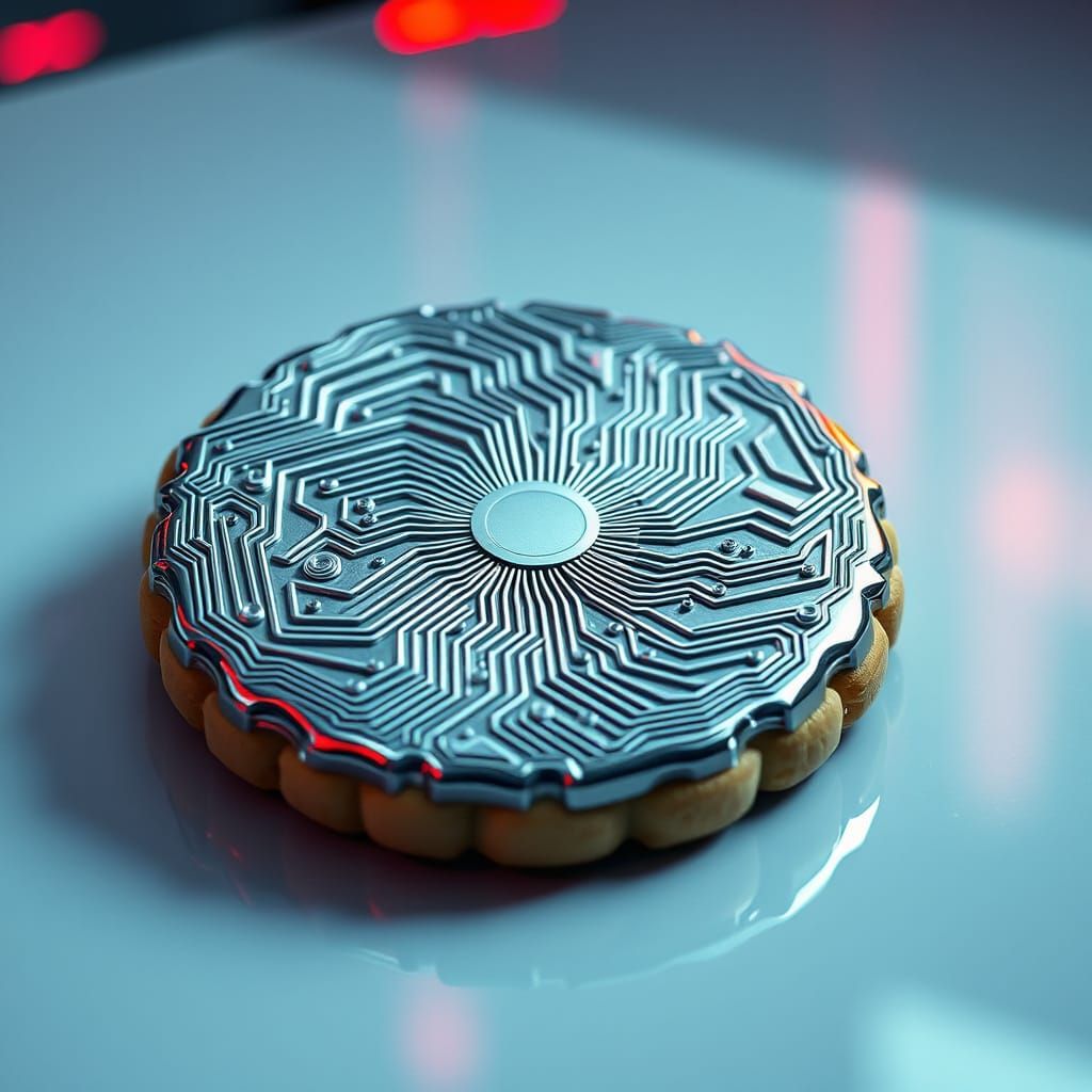 Sleek, Futuristic Cookie in Metallic Titanium with Circuit B...