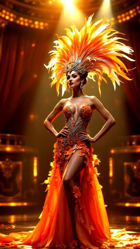 Glamorous Showgirl with Feather Headdress in Digital Art Sty...