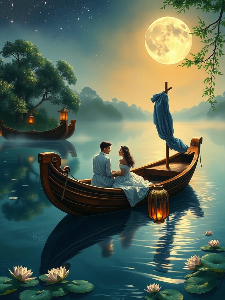 Ethereal Wooden Boat Scene in Impressionist Style