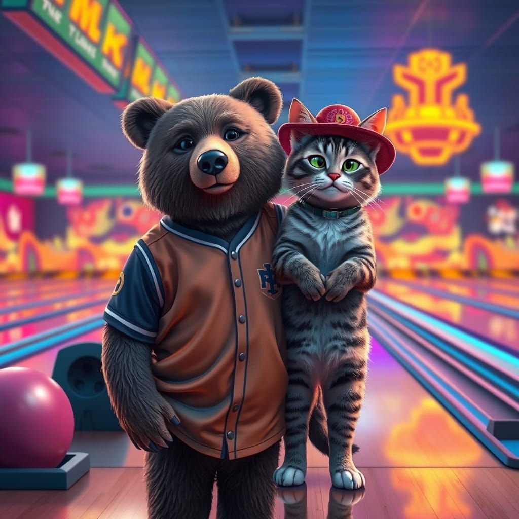 Bear and Cat Bowling Night: Matte Painting Style