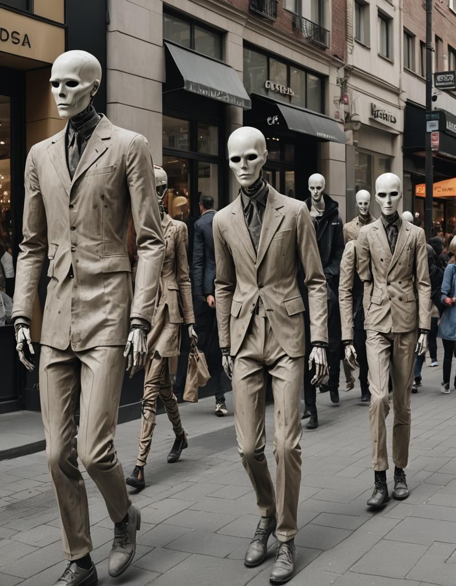 Creepy Mannequins Walking: Realistic Street View