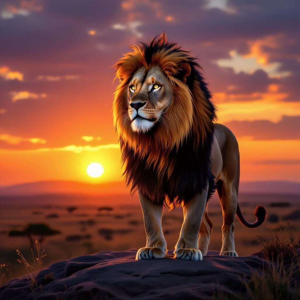 Majestic Lion Batool at Sunset on Savanna