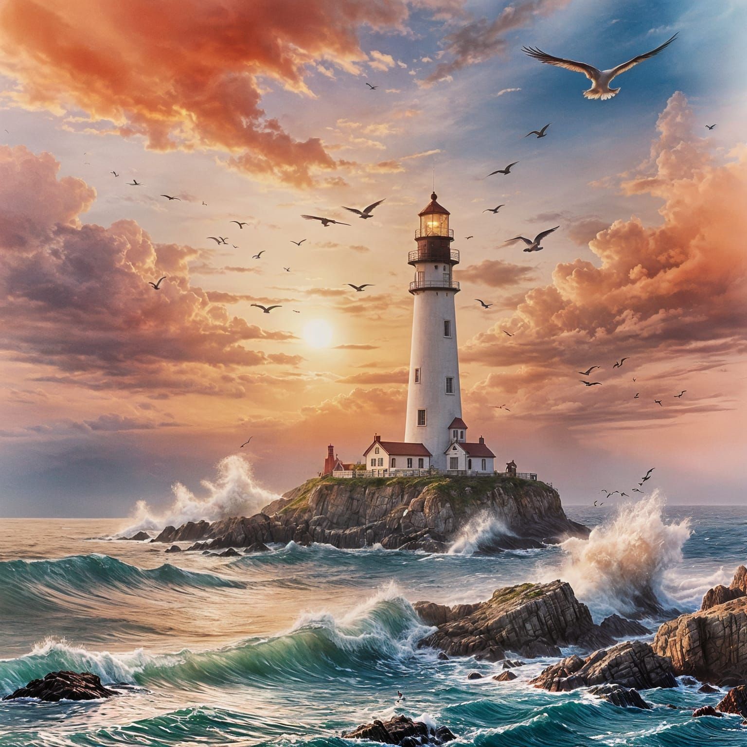 Lighthouse Sunset with Birds in Flight