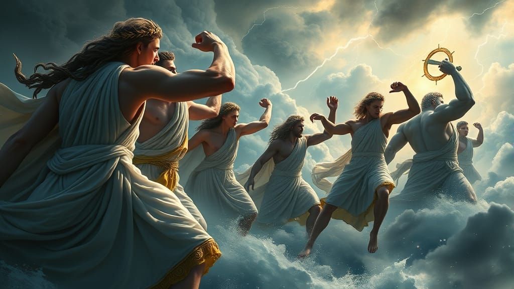 Majestic Olympian Gods Engage in Epic Struggle Against Titan...