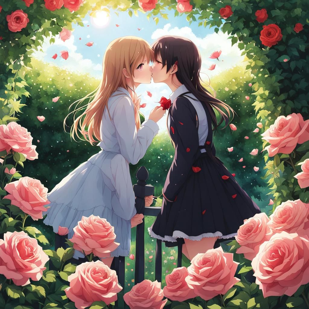 Girls Kissing in Rose Garden: Anime Style